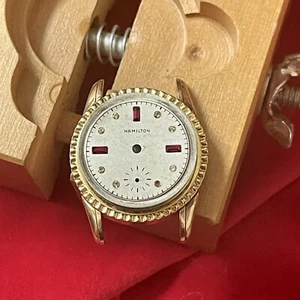 De colección década de 1950 Hamilton ld reloj estuche dorado placa y rubíes rojos marcadores esfera piezas - Imagen 1 de 9
