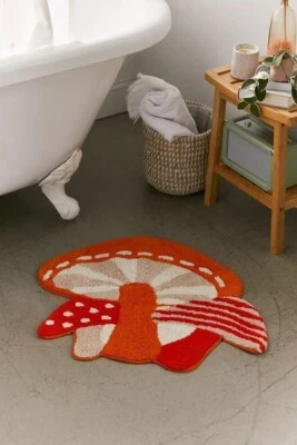 Urban Outfitters Mushroom Tufted Shag Bath Mat Rug Orange 100% Cotton - Image 1 of 4