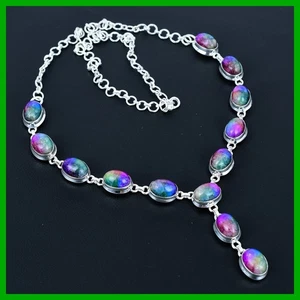 Sterling Silver Rainbow Solar Quartz Druzy Gemstone Chain Bezel Wedding Necklace - Picture 1 of 11
