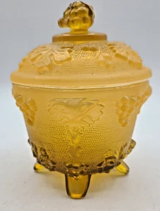 Amber Four Footed Sugar Candy Dish Jeanette Glass Harvest Grapes Leaves Covered - Picture 1 of 10