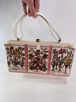 Vtg 50 60s Soure' Flower Print w/ Rhinestones White Linen Plastic Large Purse - Image 1 of 4