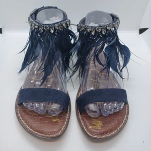 New Sam Edelman Genevia Women's Navy Blue Rhinestone Feather Flat Sandals Sz 7.5 - Picture 1 of 12