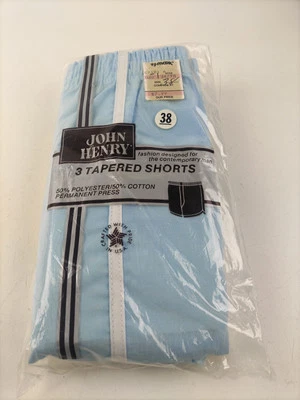 Pantalones Cortos Vintage Nuevo de Lote Antiguo Para Hombres Cónicos Azul Amarillo Tostado con Rayas Talla 38 - LOTE DE 3 - NUEVO EN PAQUETE Foto 1 de 4