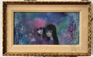 Pintura enmarcada Doris Lightman firmada pastel años 60 dos mujeres MCM mediados de siglo - Imagen 1 de 5