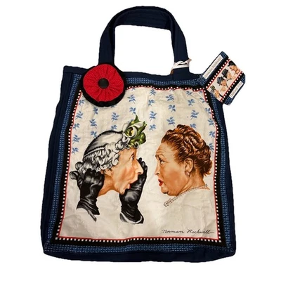 Precioso bolso de compras Norman Rockwell grande azul acolchado chismorreando para mujer Foto 1 de 4