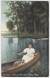 1910 Omaha, Nebraska - Woman Rowing a Canoe at Rod & Gun Club - Vintage Postcard - Picture 1 of 2