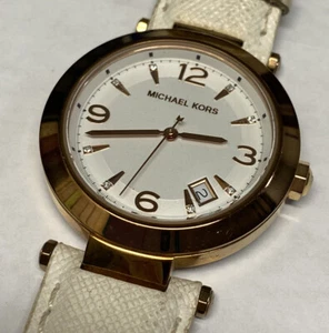 Reloj Mujer Michael Kors Fecha Tono Oro Rosa 38mm Estuche Banda Blanca Batería Nueva  - Imagen 1 de 10