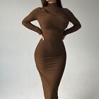 Elegant Pleated Long sleeved Maxi Solid Dress Women Party Bodycon Gown