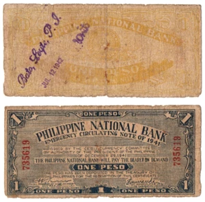 1941 Philippine Province of CEBU 1 Peso S215 C/Stamped BATO, Leyte July 12, 1942 - Picture 1 of 5