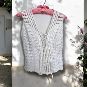 Vintage French White Crochet Lace-Up Women's Top sequins mermaid Fairycore M - Picture 1 of 7