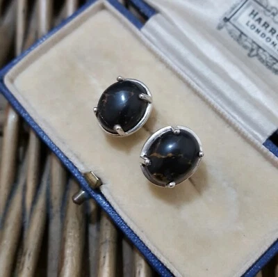 Ladies 925 Sterling Silver Stud Earrings, Genuine Black Turquoise Gemstones  - Image 1 of 4