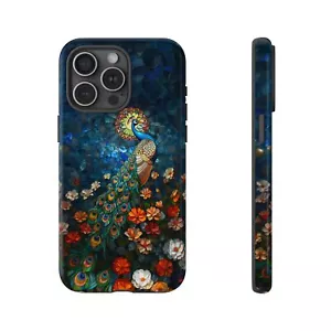 For iPhone, Galaxy, Pixel Phone Case Cover - Blue Stained Glass Peacock Flower - Picture 1 of 242