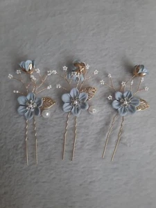 3x Gold Blue Colour Wedding, Bridesmaid Pearl Leaf Hair Pin Jewelry Accessories - Picture 1 of 2