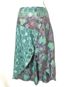 Boho Womens Size M Blue Pink Indian Vintage Wrap Silk Skirt - Picture 1 of 6