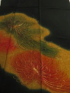 2R01z150 Japanischer Kimono Seide STOFF Schwarz Chrysantheme 43,3" - Bild 1 von 7