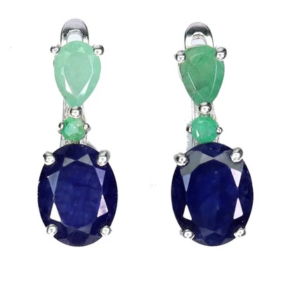 925 Sterling Silver Earrings Oval Blue Sapphire 9x7mm Emerald Gemstone Jewelry - Image 1 of 4
