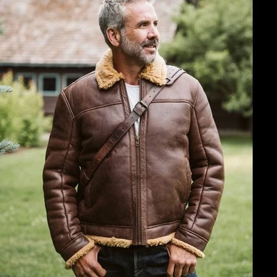 Men’s Brown Shearling Leather Bomber Jacket | B3 RAF Aviator Pilot Flying Coat | - Image 1 of 4