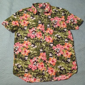 Disney Mickey Mouse Hawaiian Button Short Sleeved Shirt Mens LARGE Pink Floral - Picture 1 of 5