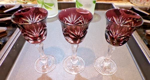 Juego de 3 vasos de cristal bohemio corte a transparente cordiales rojo arándano - Imagen 1 de 5