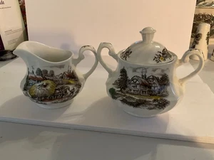 Staffordshire Yorkshire England Ironstone Farm Scene Creamer & Sugar Bowl w/Lid - Picture 1 of 5
