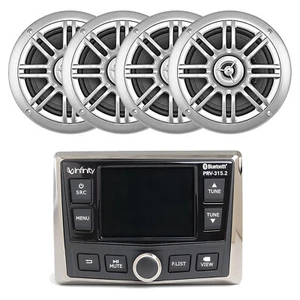 Infinity AM/FM Radio USB Bluetooth Receiver, 4x 6.5" 150W Silver Marine Speakers - Picture 1 of 4