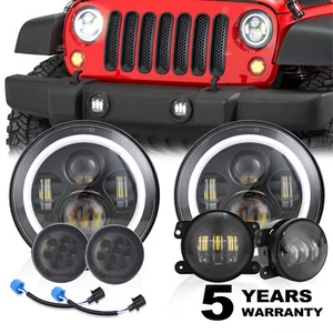Projector Halo 7" LED Headlights 4'' Fog Lamps Turn Signal For Jeep Wrangler 07+ - Foto 1 di 11