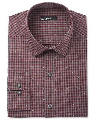 $85 Bar Iii Hombres Calce Ajustado Gris Rojo Azul Cuello a Cuadros Camisa de Vestir 14-14.5 32/33 S Foto 1 de 4