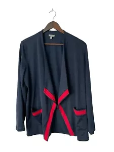 T By Talbots Size L Open Front Knit Cardigan Navy Blue Red Draped Career Casual - Picture 1 of 2