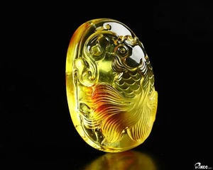 1.9" Baltic Amber Hand Carved Crystal Fish Pendant/ Necklace, Crystal Healing - Picture 1 of 8