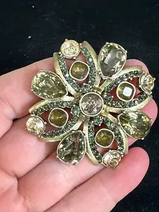 Flower Cross Openwork Smoke & Clear Rhinestone Vintage Gold Brooch M-6194 - Picture 1 of 3