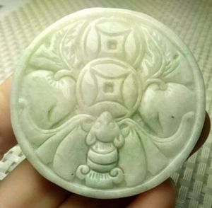 Certified Light Green Natural A Jade Hand-Carved Bat Peach Coin Pendant 福禄寿 - Picture 1 of 5