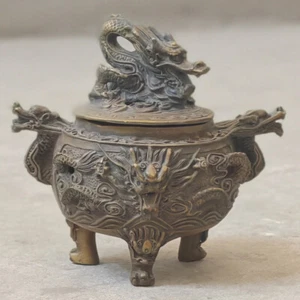 excellent Old Brass blessed tripod Dragon Incense Burners Censer Seal Signed - Picture 1 of 6