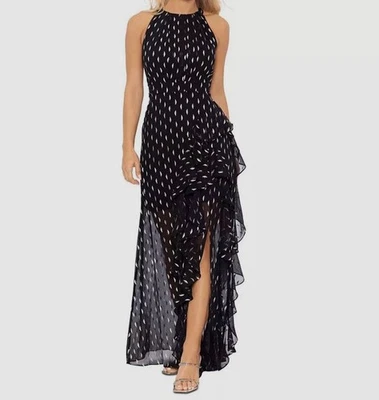 Betsy & Adam Women's Black Printed Ruffled Chiffon Gown Dress Petite Size 12P - Image 1 of 3