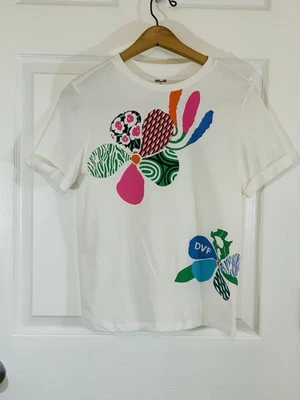 Camiseta para mujer Diane von Furstenberg DVF talla L (10-12) blanca manga corta floral Foto 1 de 4