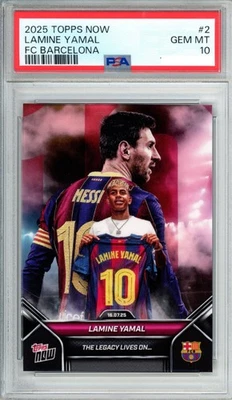 2025 Topps Now FC Barcelona Lamine Yamal #2 Lionel Messi PSA 10 gemas como nuevo EN MANO Foto 1 de 2
