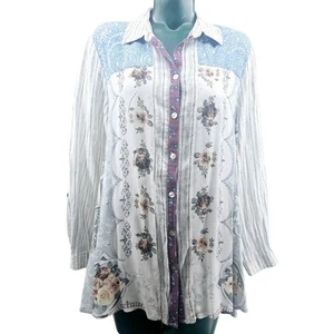 John Mark Tunic Floral Beaded Split Back Colorful Artsy Button Shirt L 3286 - Picture 1 of 7