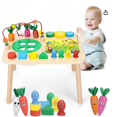Activity Table, Montessori Toys for 1 2 Year Old Girls Boy Gifts, 7 in 1 Wooden - Image 1 of 4
