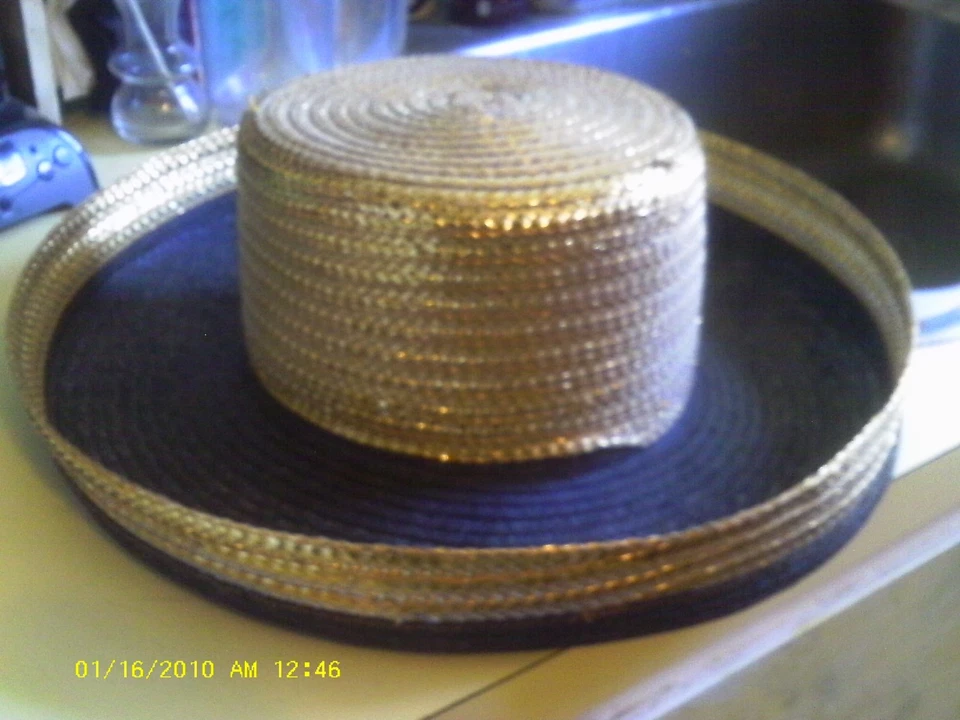 KOKIN BLACK & GOLD METALIC STRAW BEACH DRESS HAT CHURCH BOHO CHIC SEXY - Image 1 of 1