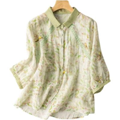 Blusa estilo chino verano mujer retro floral estampada camisa lino solapa suelta Foto 1 de 4