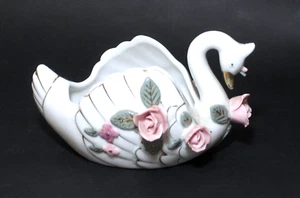 Vintage Swan Porcelain Pink Roses Trinket Dish Japan - Picture 1 of 7