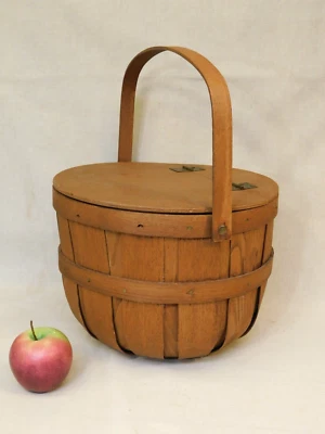 Cesta redonda de madera vintage con tapa Bushel Basketville Putney Vermont Foto 1 de 4