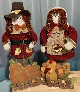 AWESOME THANKSGIVING WOODEN & FABRIC PILGRIM COUPLE 19” Tall Cottage Core - Picture 1 of 14