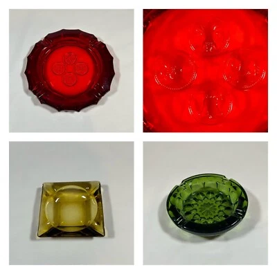 Fostoria Ruby Red Coin Glass Ashtray 8" Heavy 4 Coins Vintage Tobacciana Plus 2 - Image 1 of 4