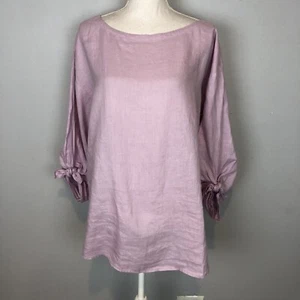 Eileen Fisher 100% Organic Linen Tie Sleeve Top sz L blouse lilac Boat Neck - Picture 1 of 14