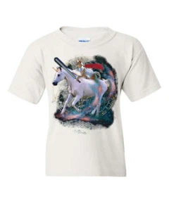 Space Cat Riding a Unicorn with a Saber Youth T-Shirt Weird Universe Kids Tee - Picture 1 of 8