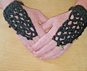 CROCHET MESH HAND COVERS; Black BEADED Acrylic ; e.g GOTH; Adjustable Wristband - Picture 1 of 4