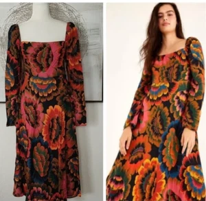 FARM RIO MIDI DRESS IN LARGE FLORAL PRINT SMOCKED BODICE LONG SLEEVE M-S - Picture 1 of 15