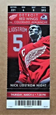 Red Wings Nicklas Lidstrom Night at JLA Mar 6, 2014 - Wings vs Avalanche Cover