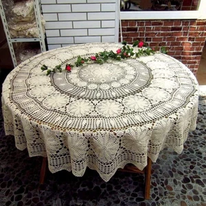 70 Inch round Cotton Crochet Lace Tablecloth Beige Vintage Woven Dining Kitchen - Picture 1 of 9