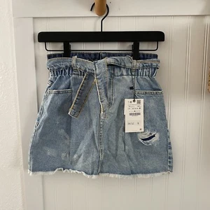 Zara Girls Denim Elastic Waist Belted Distressed Skirt 10 Years NWT - Picture 1 of 5